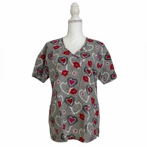 Delta Gray Heart & Kissing Lips Patterned Nursing Medical Scrub Top Women's Med